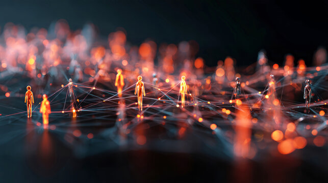 A stunning visual showcases multicolored glowing figures within a network of light lines, embodying a warm cyberpunk aesthetic against a dark backdrop
