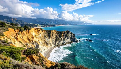 Fototapeta premium Breathtaking view of a rugged coastline with cliffs and a vibrant blue ocean under a bright sky.