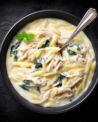 Creamy chicken and orzo soup in a dark bowl