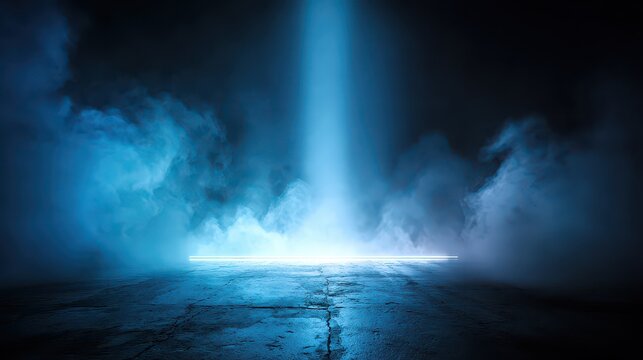 Illuminated Platform on Dark Wet Surface with Fog and Backlight