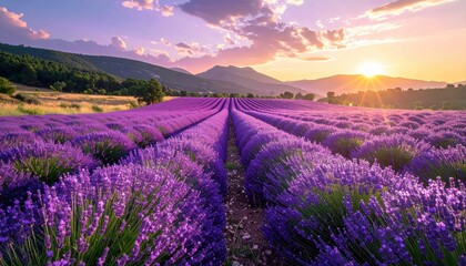 Fototapeta premium ** Captivating view of a lavender field in full bloom at sunset, with mountains in the background, showcasing nature's beauty. **