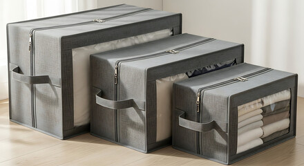 Three Sizes of Grey Textile Storage Boxes with Zippers and Viewing Windows for Seasonal Clothing