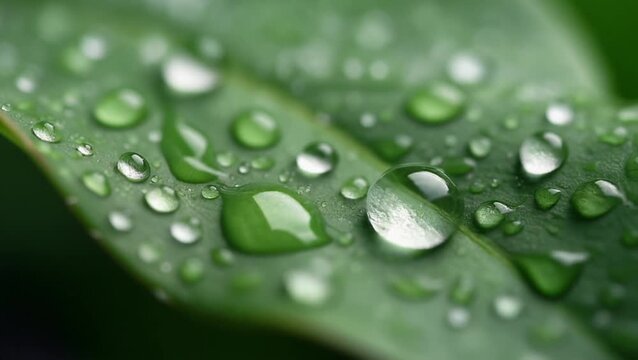Captivating close-up of a vibrant green leaf glistening with an array of crystal-clear water droplets, reflecting the refreshing purity and delicate beauty of nature after a gentle rain or morning dew