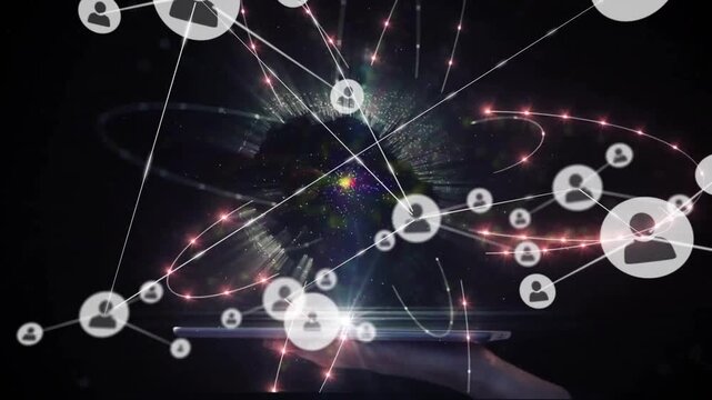 Animation of network of connections with icons over caucasian woman using tablet