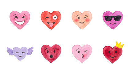 Fototapeta premium Watercolor heart emoji set including happy, winking, cool, sleeping, surprised, kissing, and royal expressions isolated. Valentines day and emotion collection.