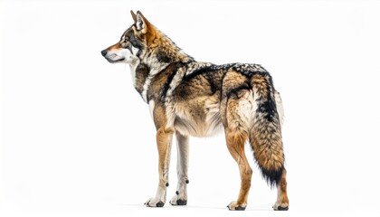 Obraz premium Stunning image of a wolf standing on a white background, highlighting its natural beauty and wild elegance.