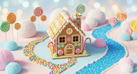 Gingerbread house with candy land details, pastel colors, festive, whimsical