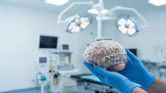 Surgery technology ai diagnostics ar overlay brain model with neural implant concept enhance precision sterile operating room bright operating light