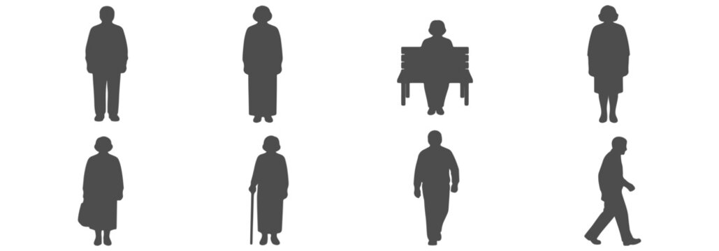 Architectural Vector Top View Silhouette: Elderly People Walking and Sitting for Retirement Home and Healthcare Plans