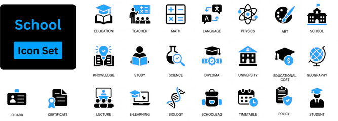 School icon set. College education icons. University icon. Back to school icon set. Classroom, students, and teacher. Science icon. Education and knowledge solid icon.