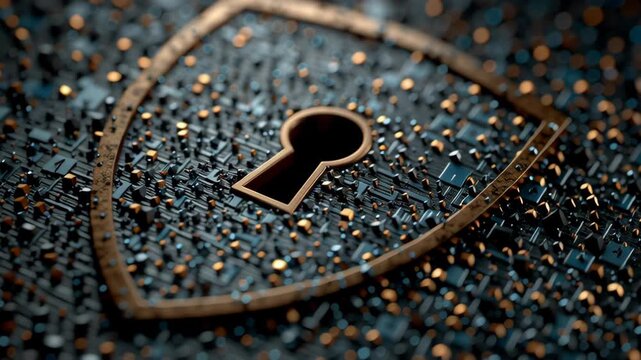 A digital shield with a central keyhole, symbolizing cybersecurity and data protection. the surface is adorned with intricate circuit patterns and illuminated with warm, glowing lights, conveying a se