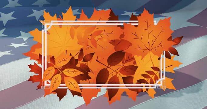 Animation of frame with fall leaves over hot dog and flag of usa