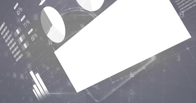 Smartphone graphic initiating scanning for malware while animating bar and pie charts over grid
