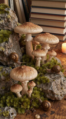 Detailed macro shot of wild mushrooms and small snails thriving in a lush green mossy environment, evoking a sense of natural wonder and organic forest growth.