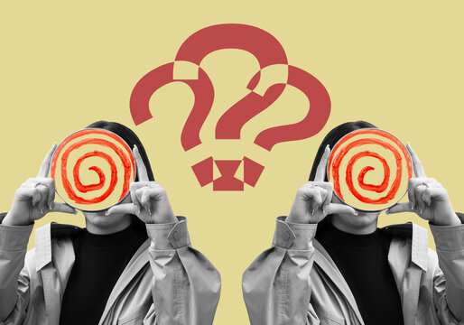 Collage with a women holding a mirrors that reflecting eye	and question marks on background