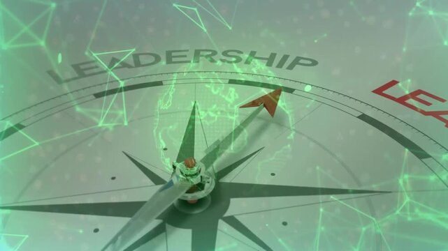 Globe materializing behind compass rose, arrow rotating toward red LEADERSHIP label, guiding focus