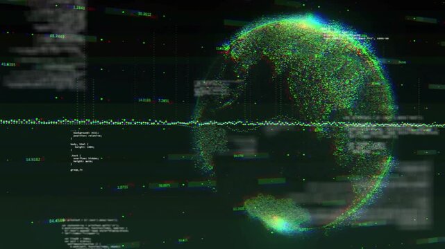 Waveform starting code snippets and labels guiding particles forming rotating globe showing flow