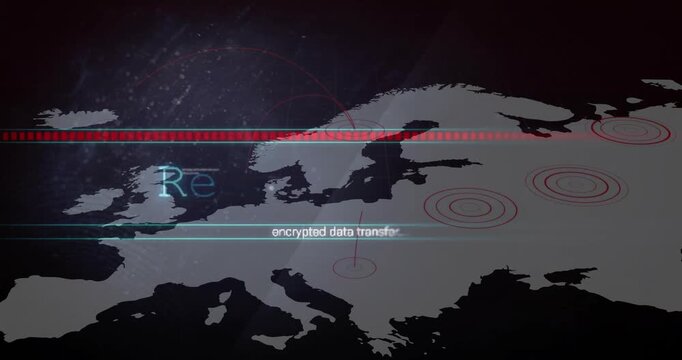 Europe map appearing on glitch backdrop, bar filling, rings pulsing showing encrypted data transfer