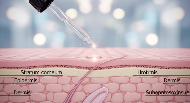 Serum drips onto human skin layers diagram, showing epidermis and dermis