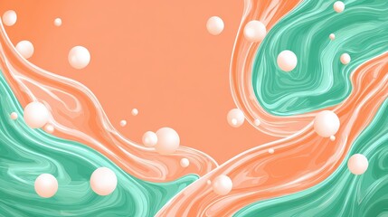 Abstract Pastel Swirl Background with Flowing Teal and Coral Colors and Spherical Accents in a Smooth and Dynamic Composition
