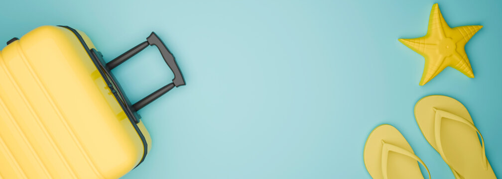 Vibrant flat lay of red holiday items with suitcase, flip flops and beach toys on a blue tur back ground 3d render