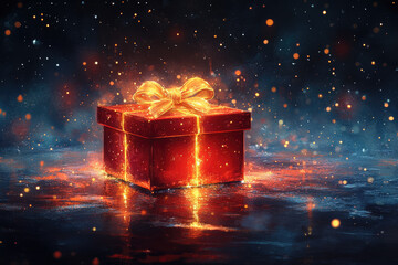 Brightly Lit Red Box with Festive Golden Accents