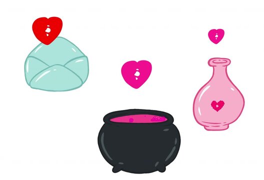 Open love mail, glass flask and witch cauldron or boiler with magic pink love elixir with flying hearts. Set cartoon a2d animation element isolated on white background.