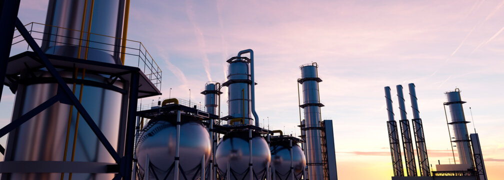 large oil refinery plant at sunrise on a clear day panoramic 3d render