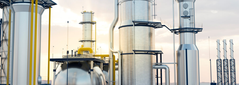 large oil refinery plant at sunrise on a clear day panoramic 3d render