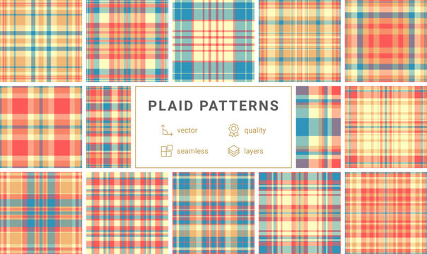 Seamless tartan texture with a classic check design in blue, orange, and red. Perfect for autumn fashion, rustic decor, and versatile fabric prints. A timeless and cozy geometric style.