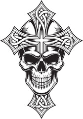 Christian Skull Cross Tattoo Design &ndash; Gothic Faith Skull Line Art Collection
