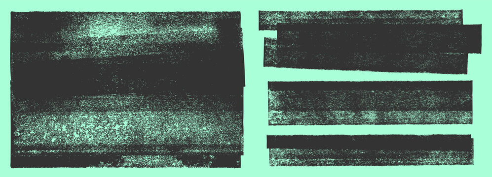 Linocut vector, relief printing textured transparent layered shapes, wide stripes rough textures set. Paint roller rectangle stains, lino ink grunge remains. Artistic aged backgrounds, text frames
