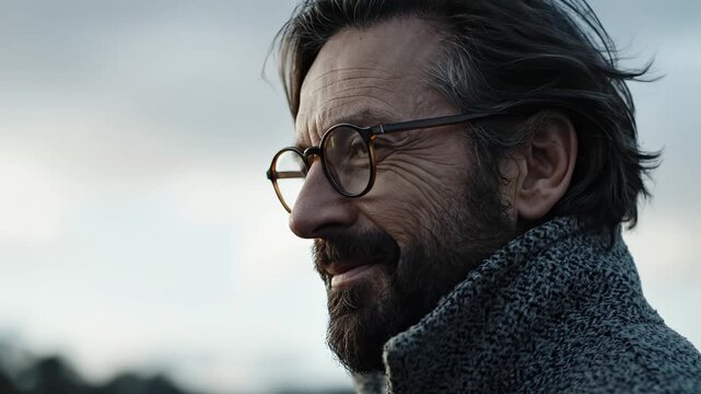 profile of a bearded man with glasses
