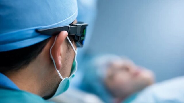 Surgery technology ai diagnostics ar overlay surgeon wearing smart glasses during operation precision guidance fusion enhance surgeon focus modern