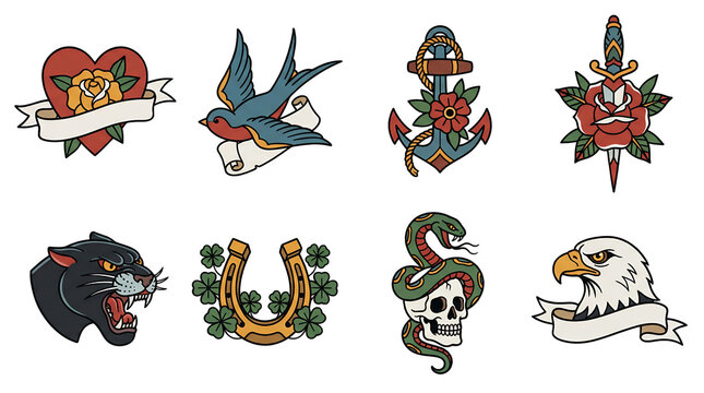 American traditional tattoo set including heart, swallow, anchor, dagger, panther, horseshoe, skull, and eagle isolated. Vintage flash art collection.