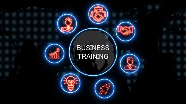 shows glowing neon line banner of business training concept with icons of business, responsibility, customers, integrity, goals, teamwork, commitment and innovation .4k