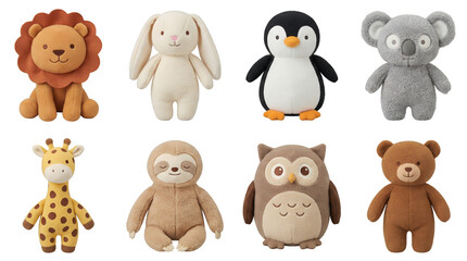 Obraz premium Plush animal toy set including lion, rabbit, penguin, koala, giraffe, sloth, owl, and teddy bear isolated. Soft nursery collection for kids and infants.