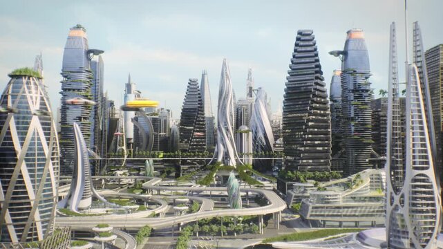 Aerial Shot: Utopian Smart City of Skyscrapers and Terraced Green Towers, Air Taxi Pods and Drones Fly through Highways, Skybridges. Rooftop Parks, Sustainable Architecture, Futuristic Transit