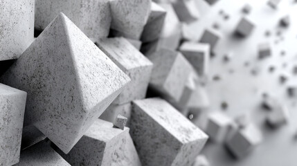 Abstract geometry, floating pyramids bottom left, solid background, text space top right