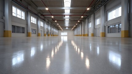 Naklejka premium A wide empty industrial hall with a highly reflective polished floor and natural light from skylights