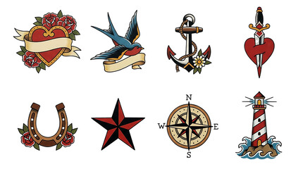 American traditional tattoo flash set including heart, swallow, anchor, dagger, horseshoe, star, compass, and lighthouse designs. Classic maritime and nautical art collection.