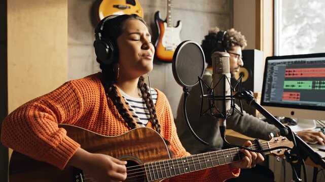 Musician playing guitar in studio