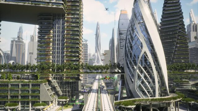 Futuristic Eco megacity: Terraced Green Skyscrapers, Towers, Skybridges and Elevated Transit as Air Taxi Drones and Hovercars Fly Past, Clean Mobility, Smart Infrastructure, Sustainable Urban Design