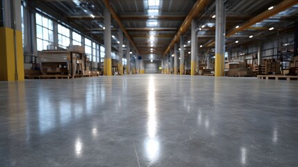 Naklejka premium Low angle view of a vast polished concrete floor in a modern industrial warehouse reflecting overhead lights and structural elements