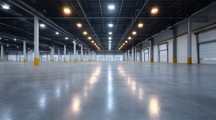 Naklejka premium Vast empty industrial warehouse interior with polished concrete floor reflecting bright overhead lighting and structural columns