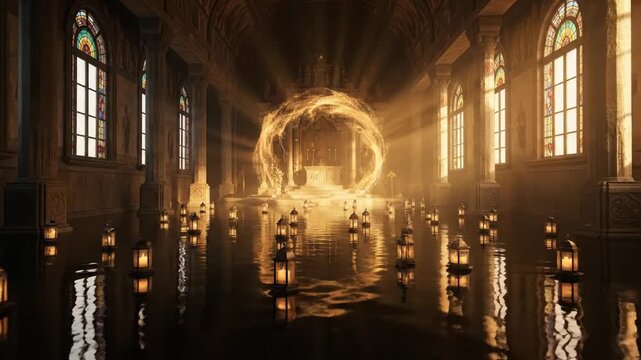 Ornate hall, stained glass, floating lanterns, altar