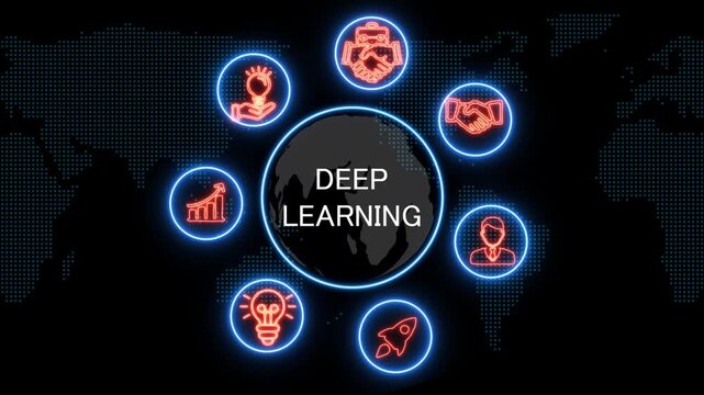 shows glowing neon line banner of deep learning concept with icons of business, responsibility, customers, integrity, goals, teamwork, commitment and innovation .4k