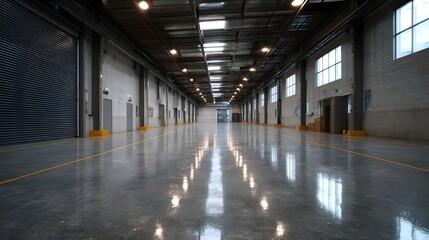 Empty industrial warehouse interior with a shiny polished concrete floor reflecting overhead lights