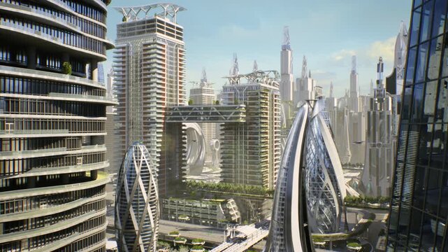 Aerial Dron Shot of Eco City with Exoskeleton Tower Buildings, Engineered Skybridges. Rooftop Gardens,  Energy efficient Infrastructure. Smart Control, Renewable Generation, Resilient Structures