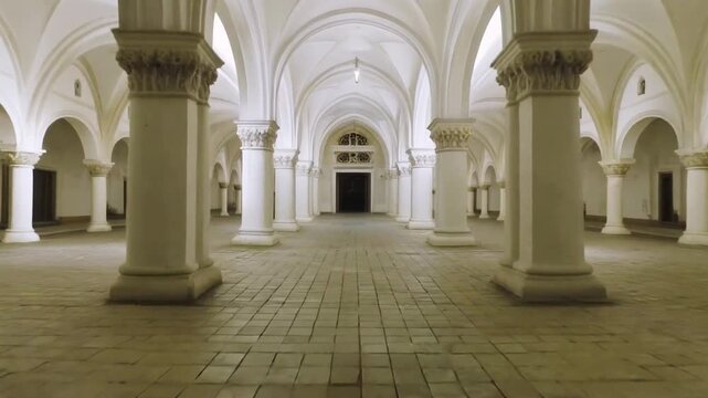 Slow dolly shot through serene monastery courtyard, soft white light, 4K seamless loop, 2026
